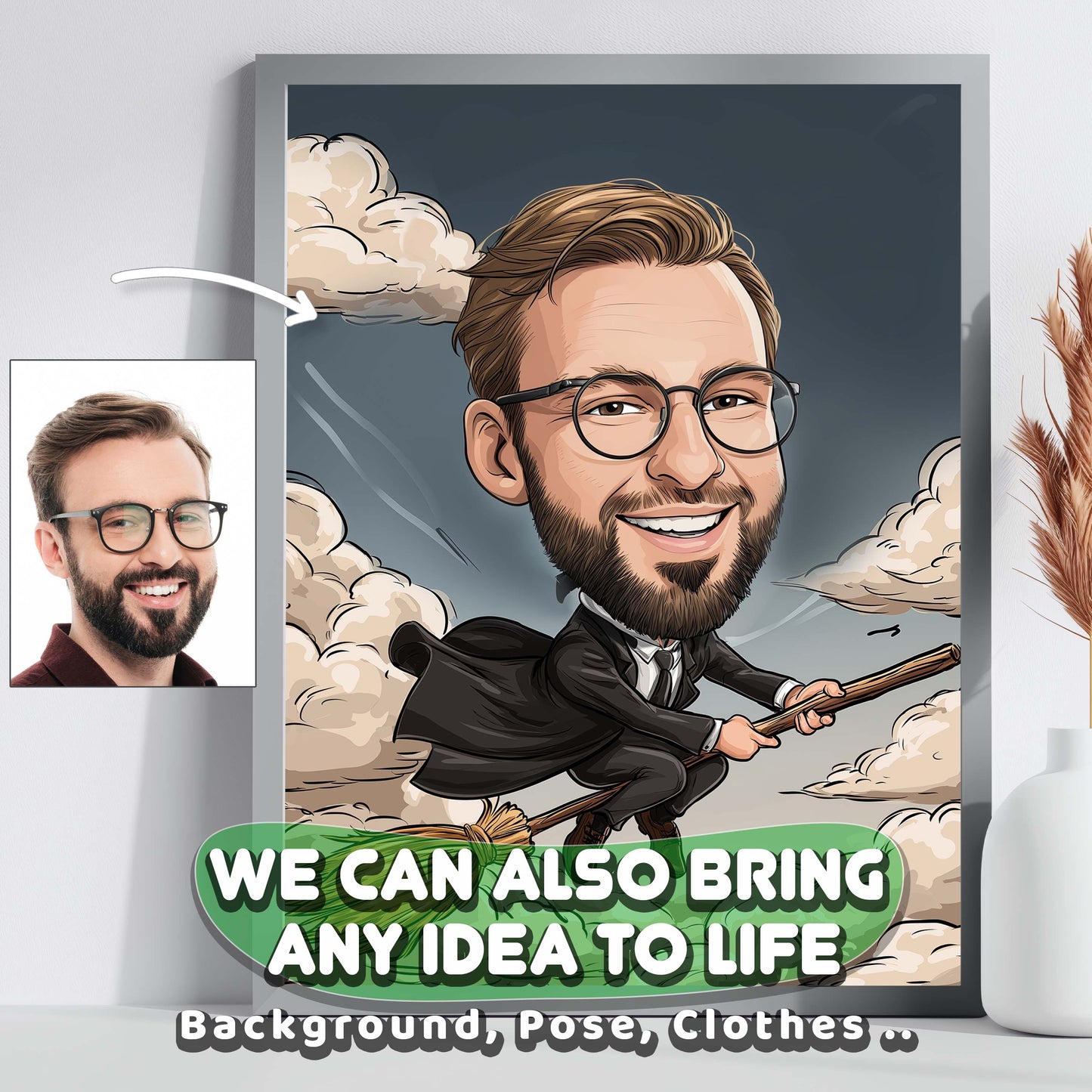 Hand-drawn wizard caricature of a smiling man flying on a broomstick, custom portrait gift