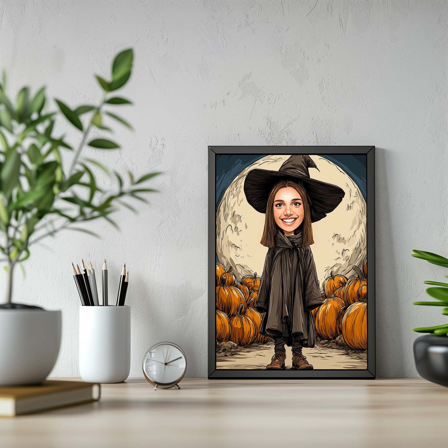 Personalized witch wall art portrait with pumpkins and full moon, perfect Halloween decor gift