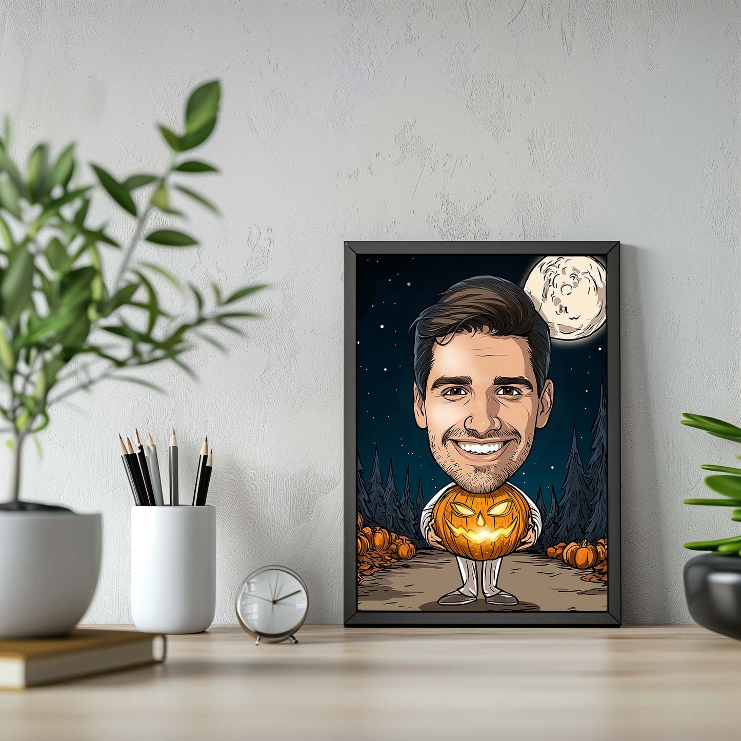 Custom Halloween cartoon portrait of smiling man with glowing pumpkin and full moon background