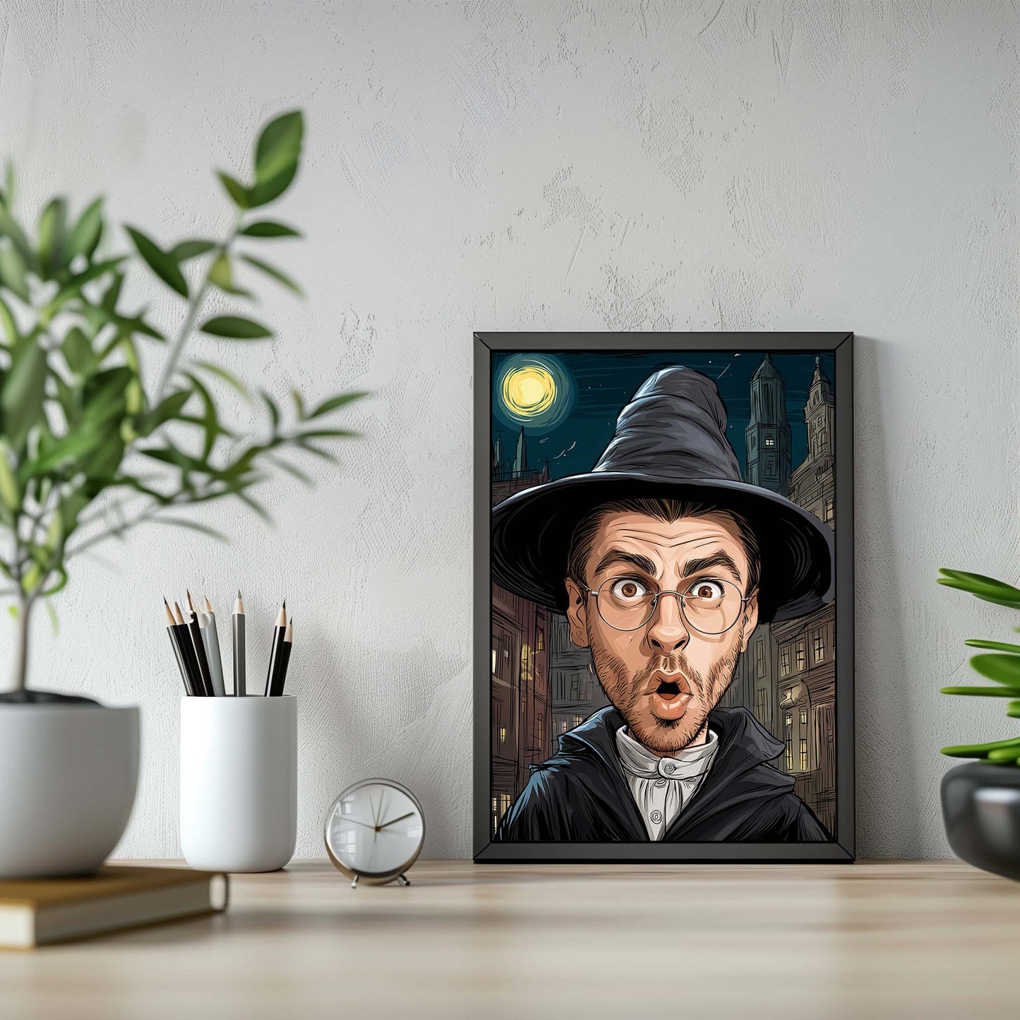 Custom portrait art of surprised man in cartoon style, perfect humorous wall gift for him