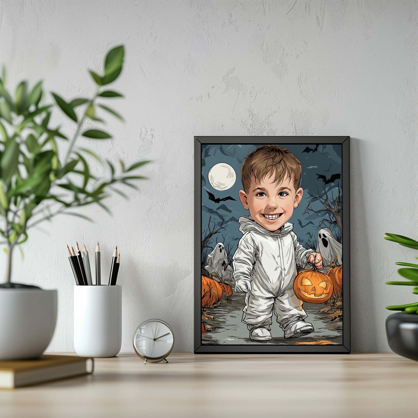 Custom Halloween cartoon portrait of smiling boy holding pumpkin with spooky ghost background