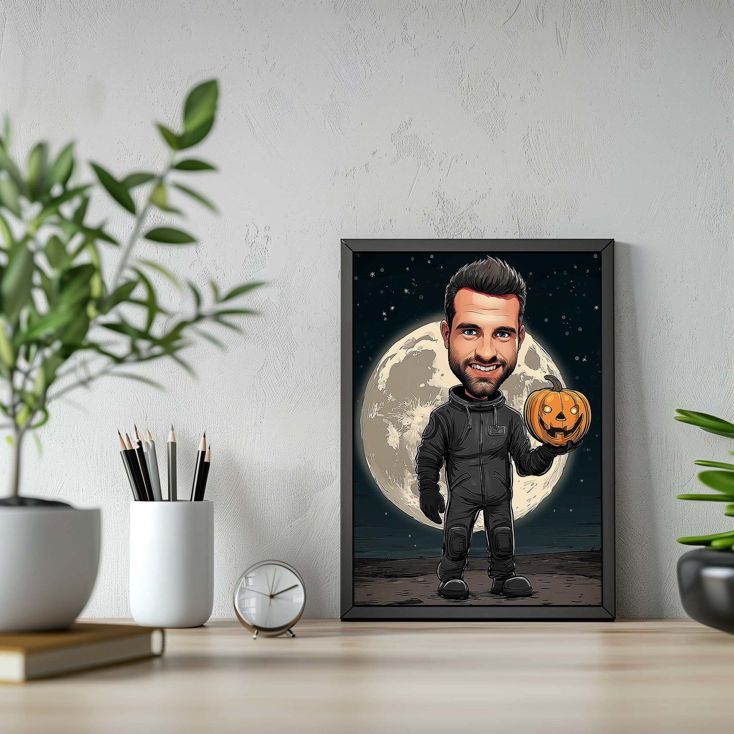 Hand-drawn astronaut cartoon portrait holding pumpkin before moon, personalized character illustration wall art gift