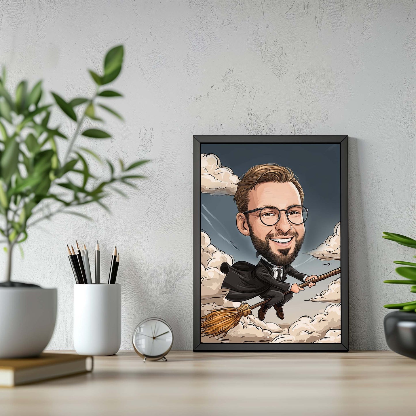 Hand-drawn wizard caricature of a smiling man flying on a broomstick, custom portrait gift