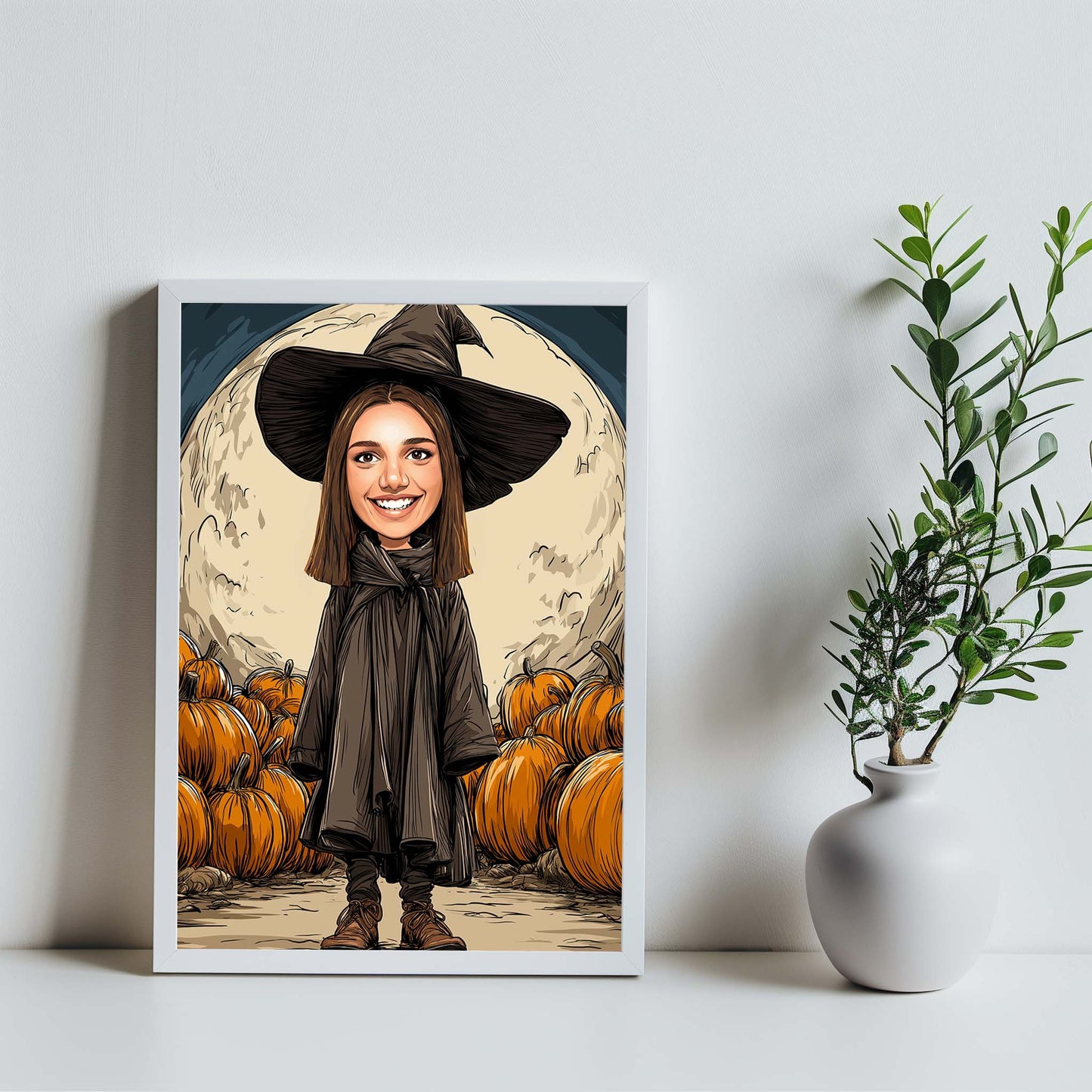 Personalized witch wall art portrait with pumpkins and full moon, perfect Halloween decor gift