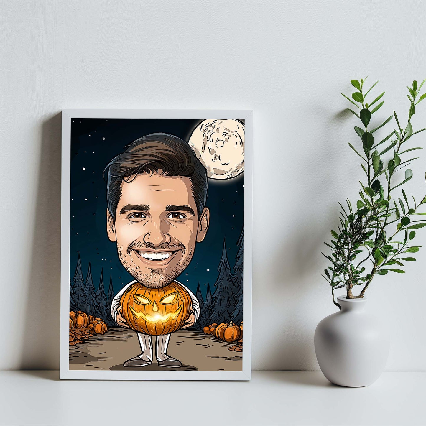 Custom Halloween cartoon portrait of smiling man with glowing pumpkin and full moon background