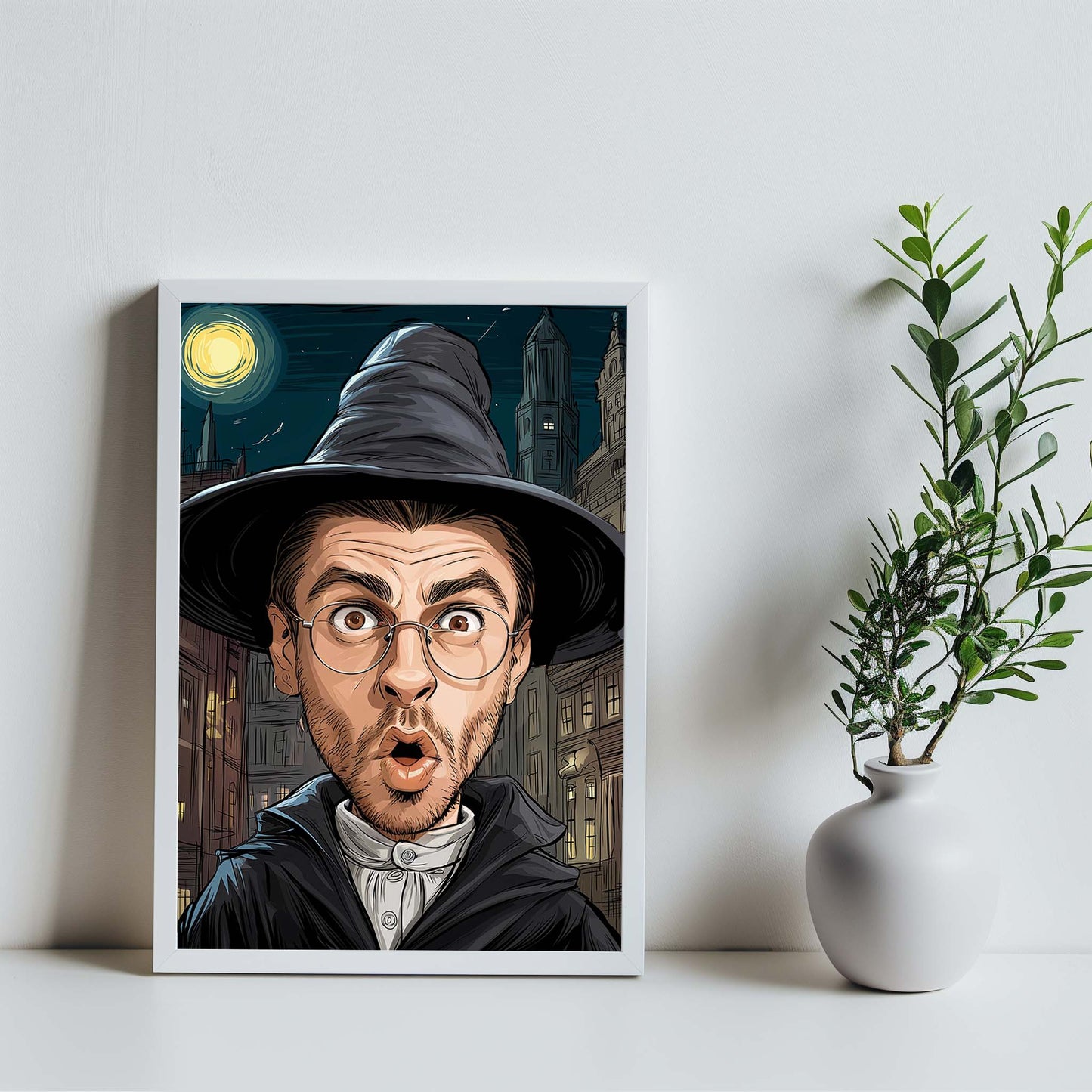 Custom portrait art of surprised man in cartoon style, perfect humorous wall gift for him