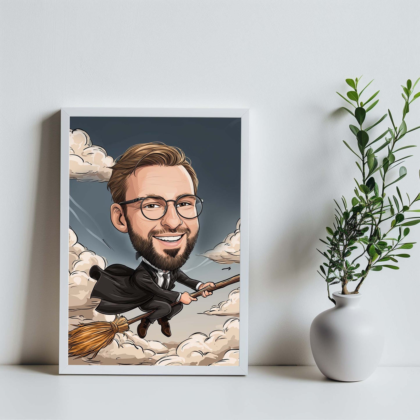Hand-drawn wizard caricature of a smiling man flying on a broomstick, custom portrait gift