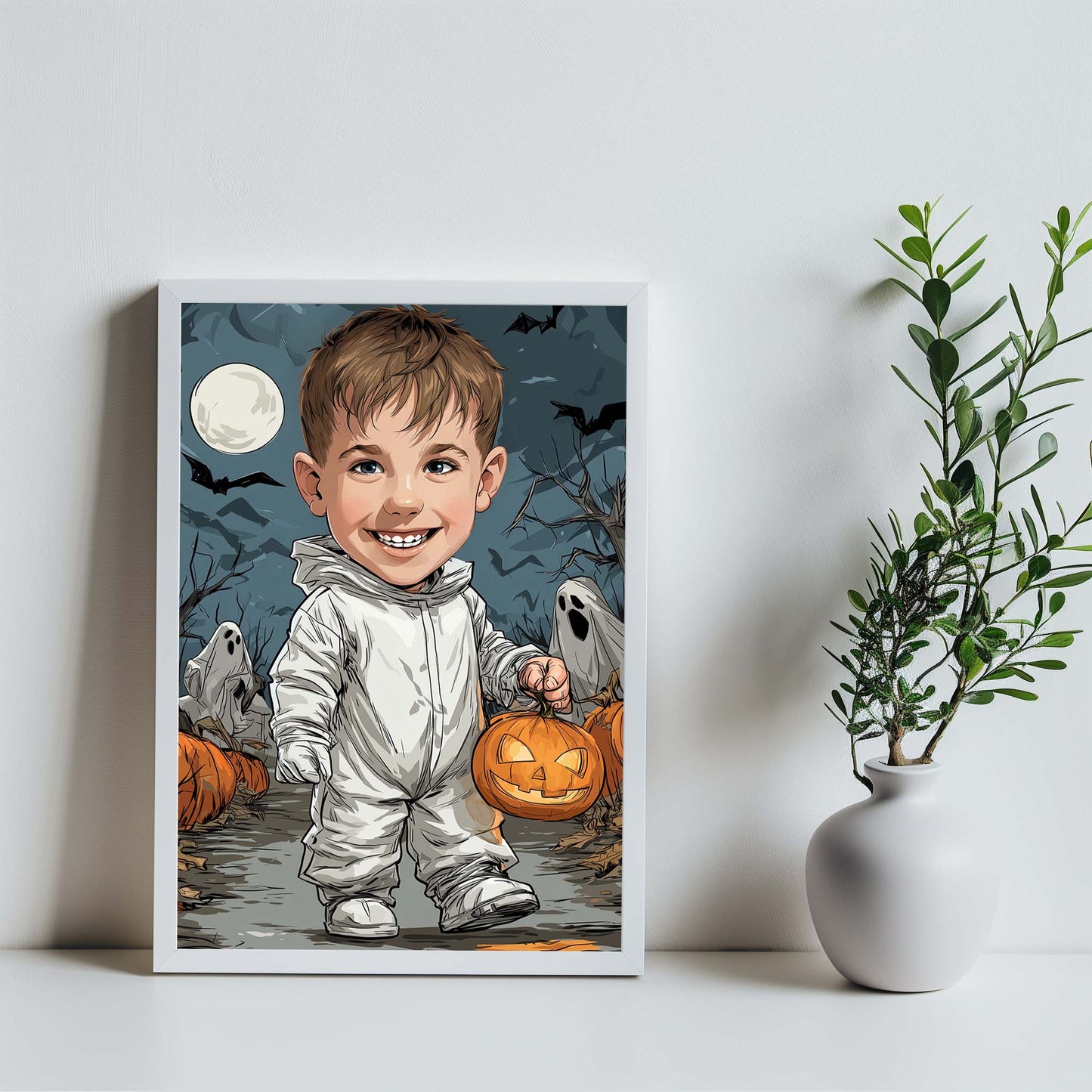 Custom Halloween cartoon portrait of smiling boy holding pumpkin with spooky ghost background