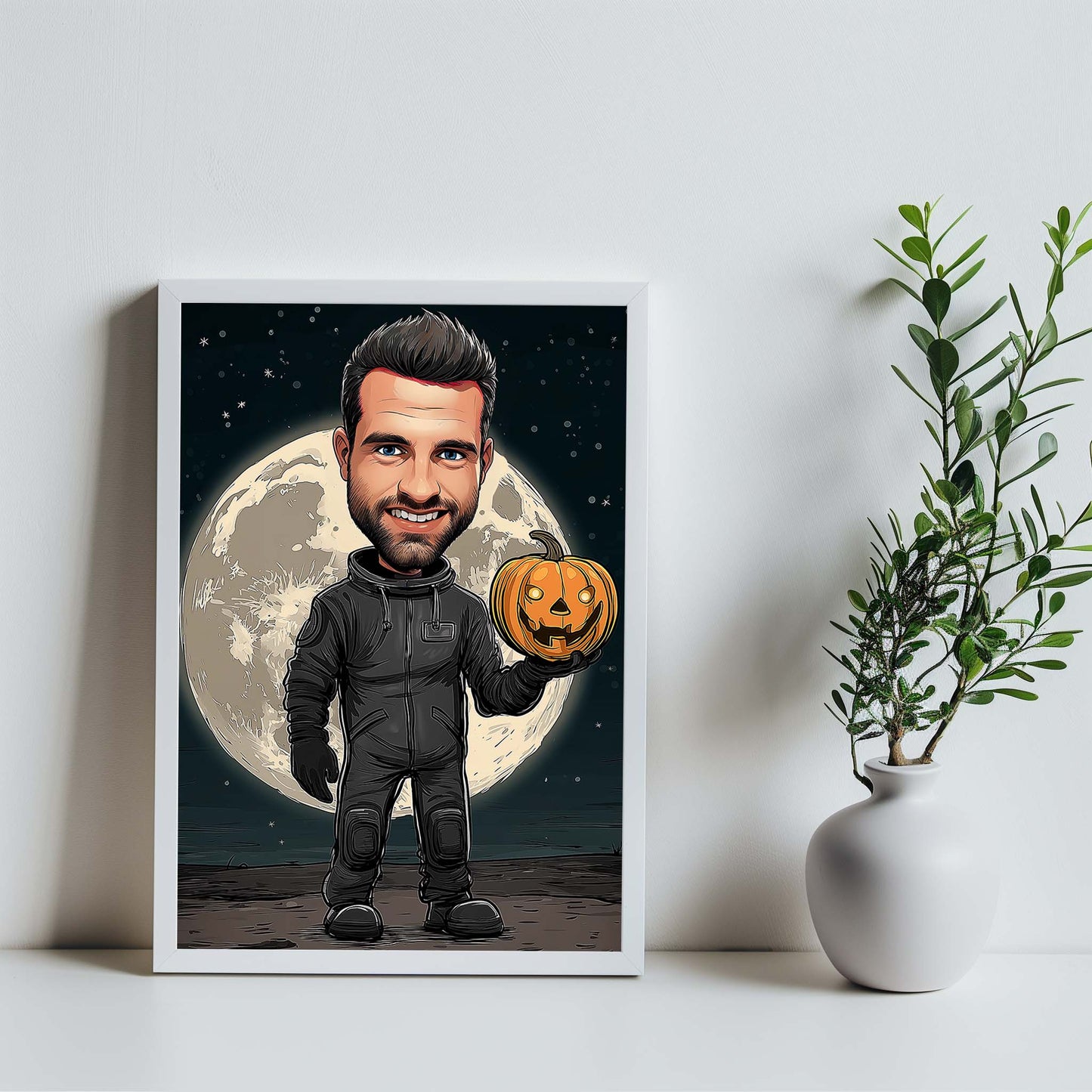 Hand-drawn astronaut cartoon portrait holding pumpkin before moon, personalized character illustration wall art gift
