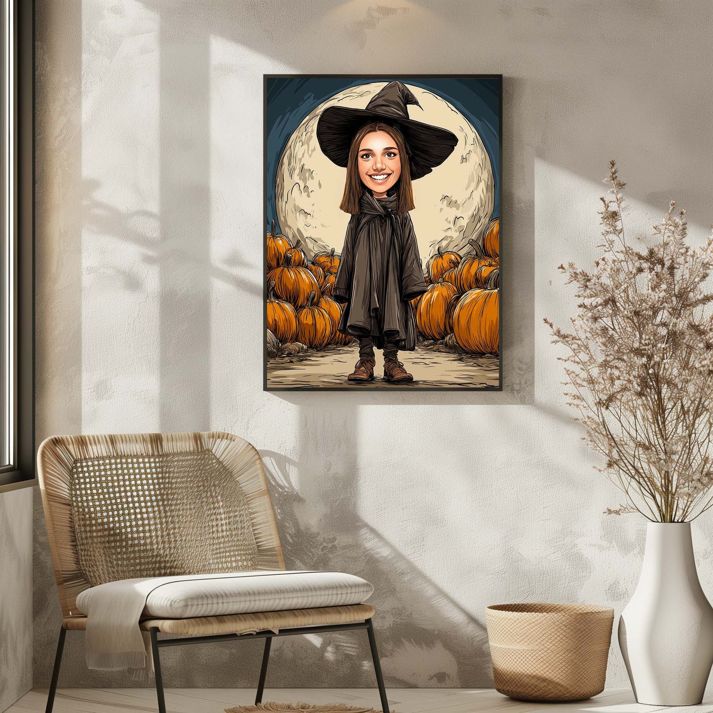 Personalized witch wall art portrait with pumpkins and full moon, perfect Halloween decor gift