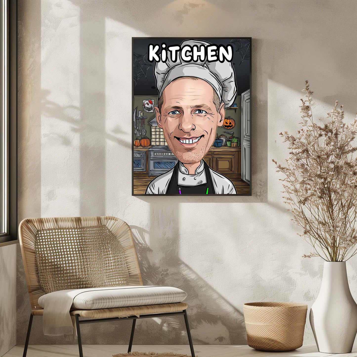 Personalized chef caricature poster, funny kitchen wall art gift for cooking lovers