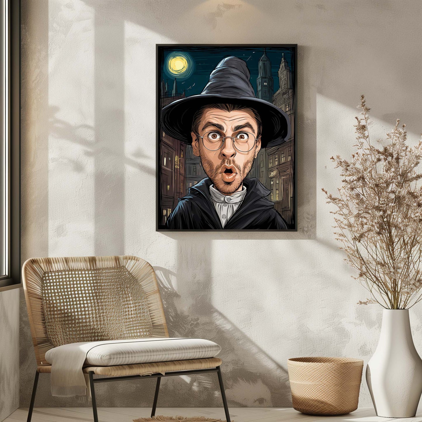 Custom portrait art of surprised man in cartoon style, perfect humorous wall gift for him