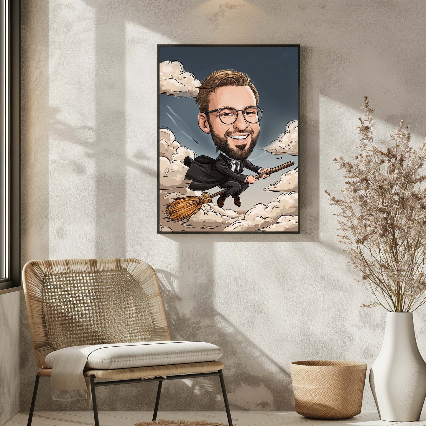 Hand-drawn wizard caricature of a smiling man flying on a broomstick, custom portrait gift
