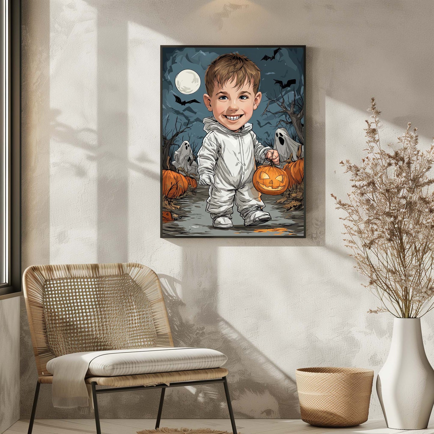 Custom Halloween cartoon portrait of smiling boy holding pumpkin with spooky ghost background