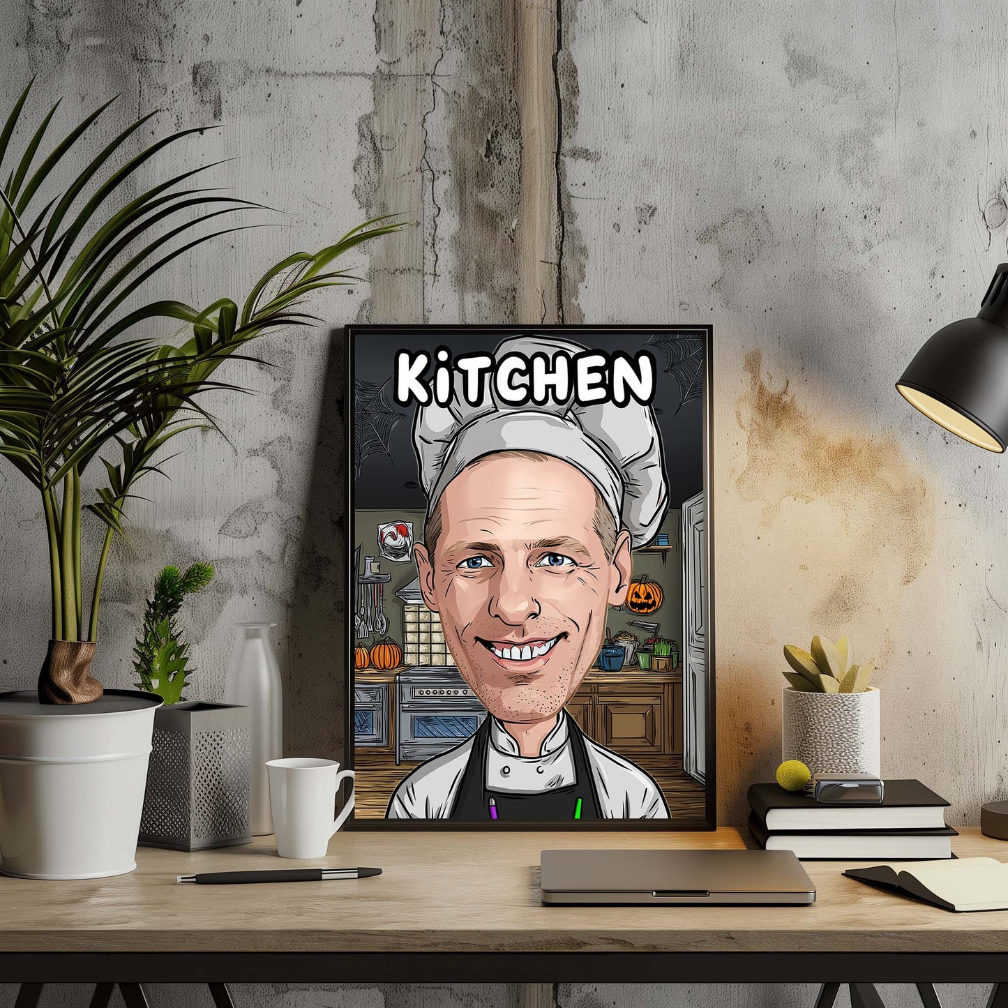Personalized chef caricature poster, funny kitchen wall art gift for cooking lovers