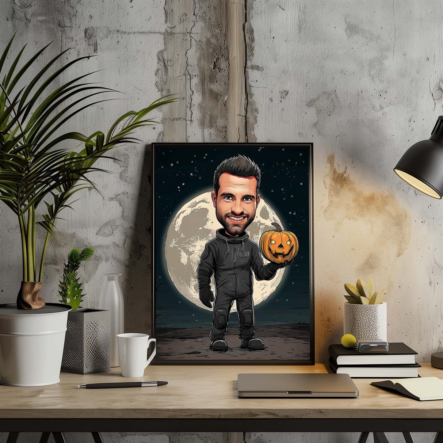 Hand-drawn astronaut cartoon portrait holding pumpkin before moon, personalized character illustration wall art gift