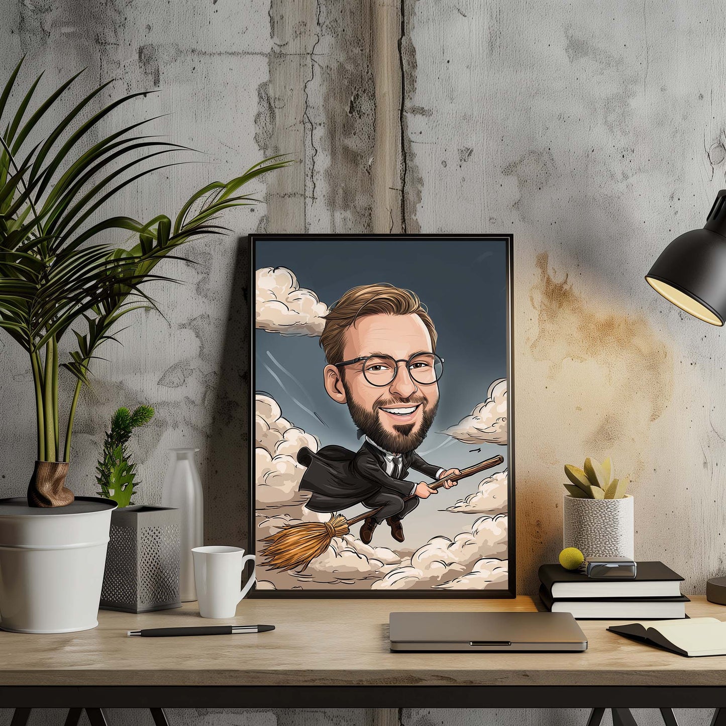 Hand-drawn wizard caricature of a smiling man flying on a broomstick, custom portrait gift