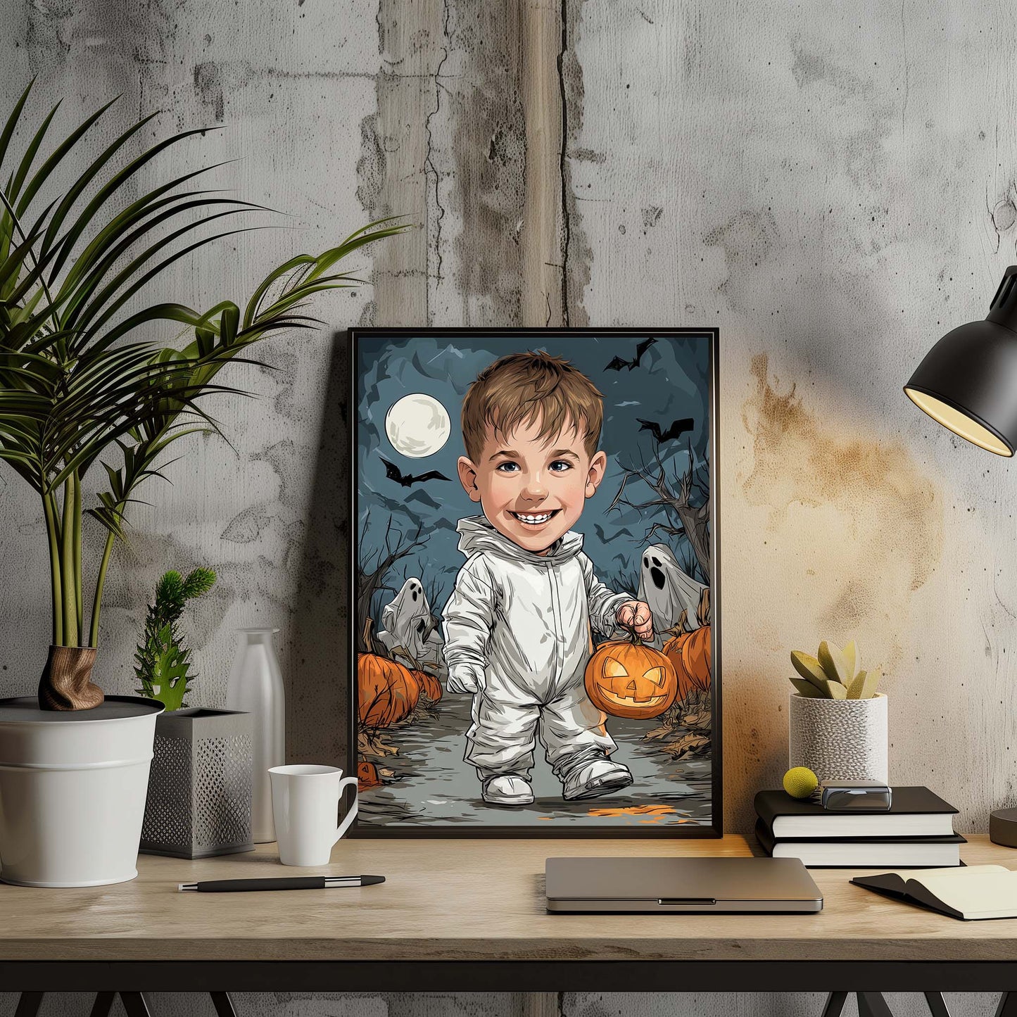 Custom Halloween cartoon portrait of smiling boy holding pumpkin with spooky ghost background