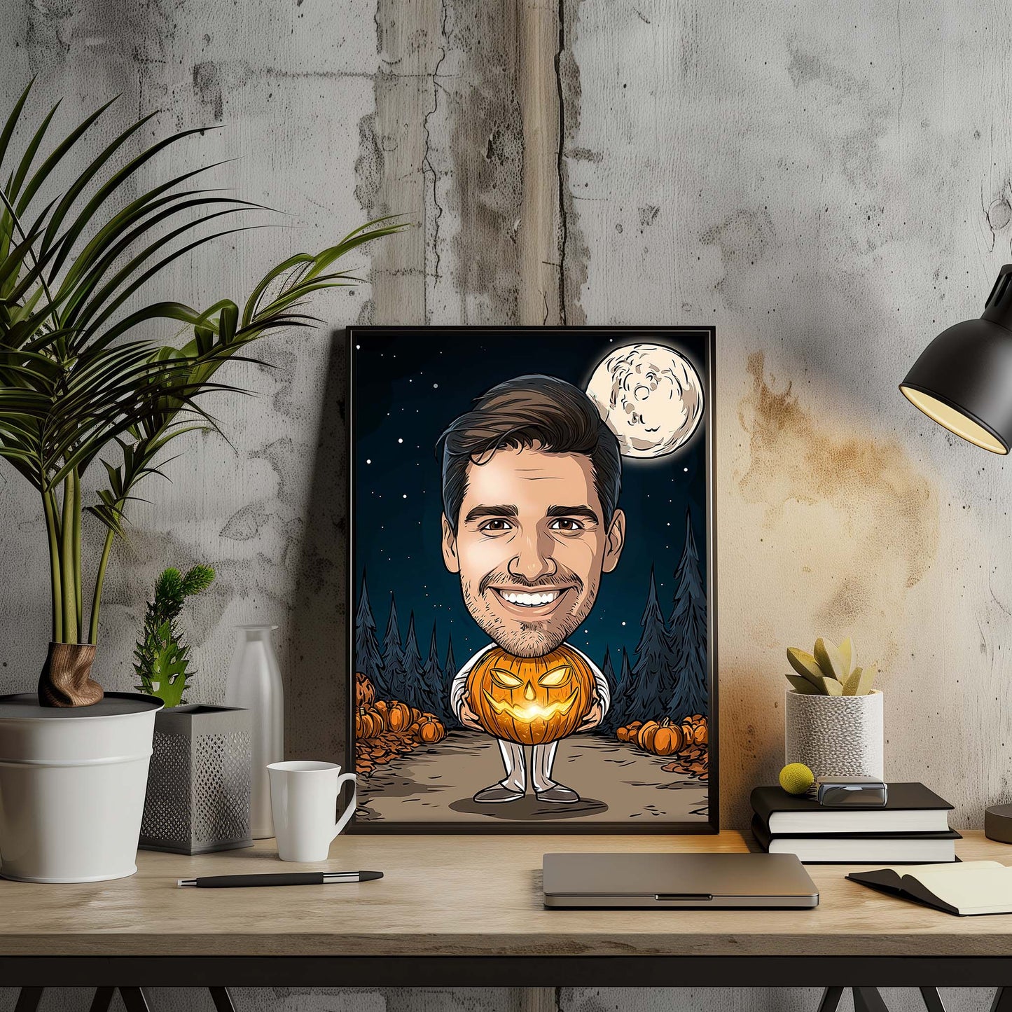 Custom Halloween cartoon portrait of smiling man with glowing pumpkin and full moon background