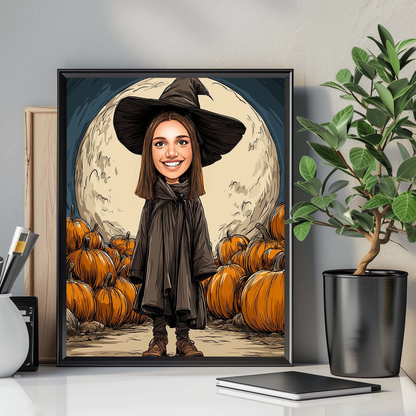 Personalized witch wall art portrait with pumpkins and full moon, perfect Halloween decor gift
