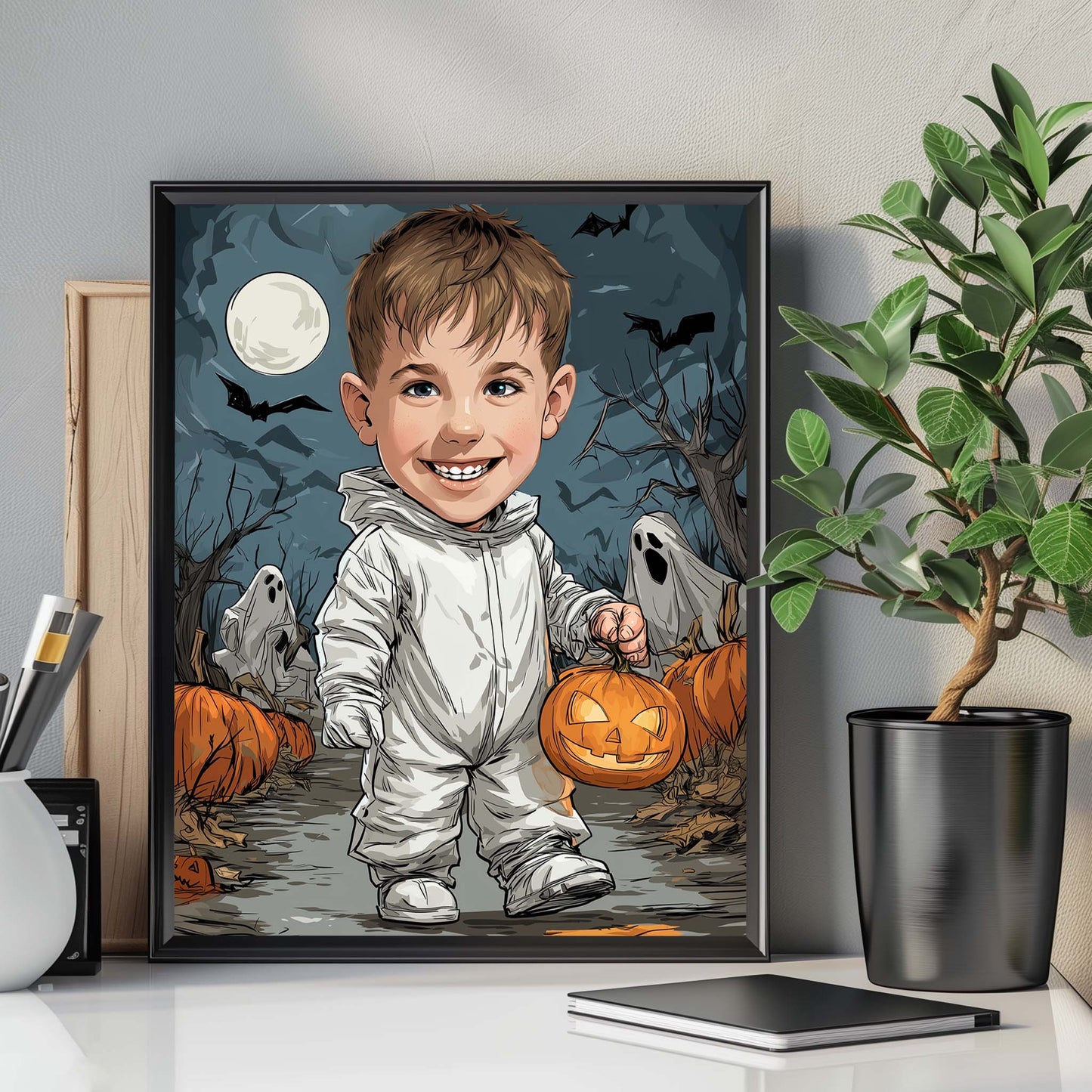 Custom Halloween cartoon portrait of smiling boy holding pumpkin with spooky ghost background