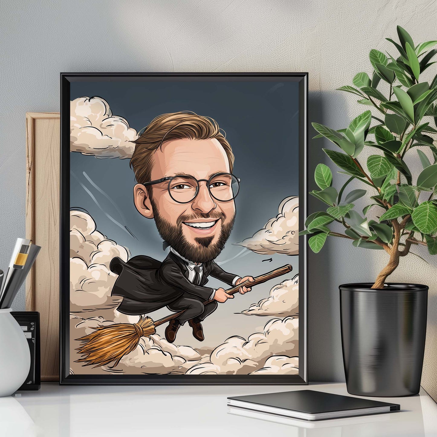 Hand-drawn wizard caricature of a smiling man flying on a broomstick, custom portrait gift