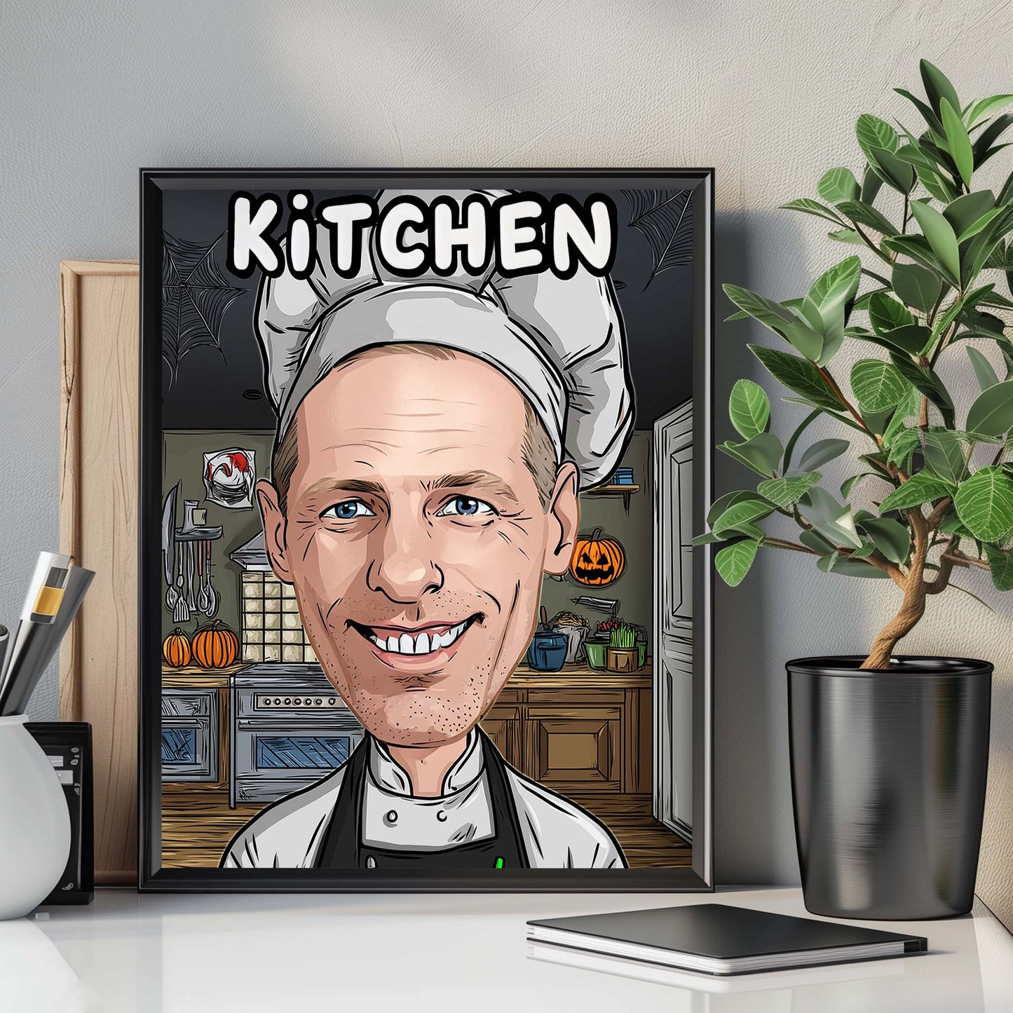 Personalized chef caricature poster, funny kitchen wall art gift for cooking lovers