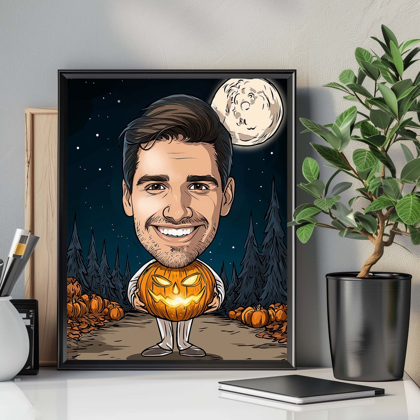 Custom Halloween cartoon portrait of smiling man with glowing pumpkin and full moon background
