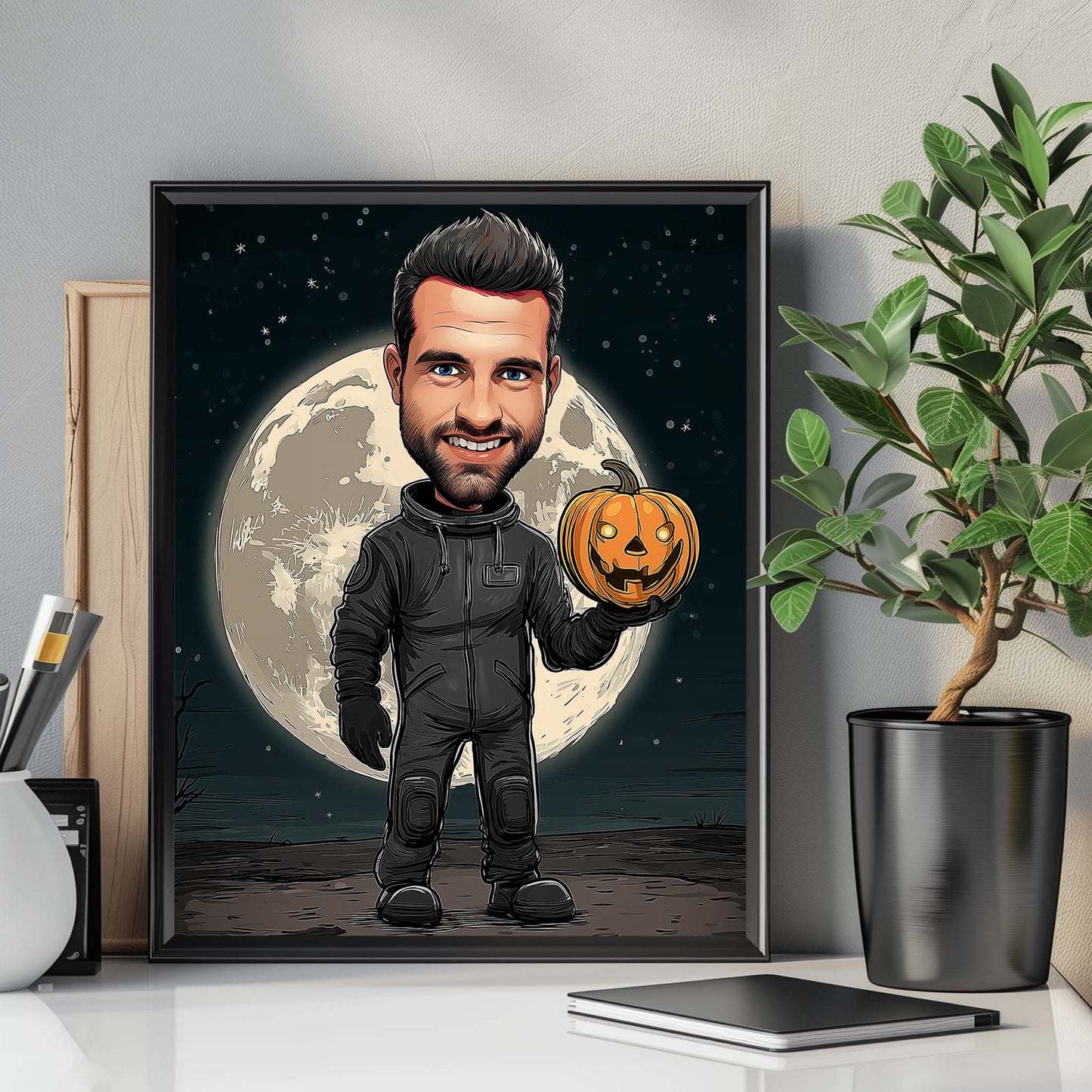 Hand-drawn astronaut cartoon portrait holding pumpkin before moon, personalized character illustration wall art gift