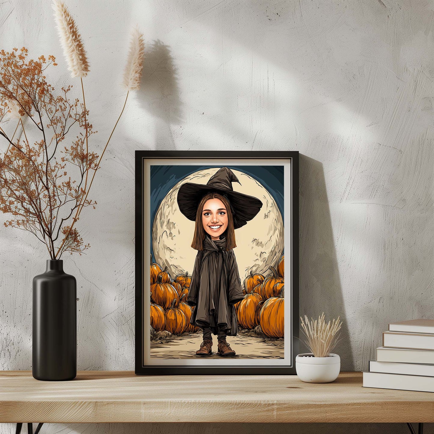 Personalized witch wall art portrait with pumpkins and full moon, perfect Halloween decor gift