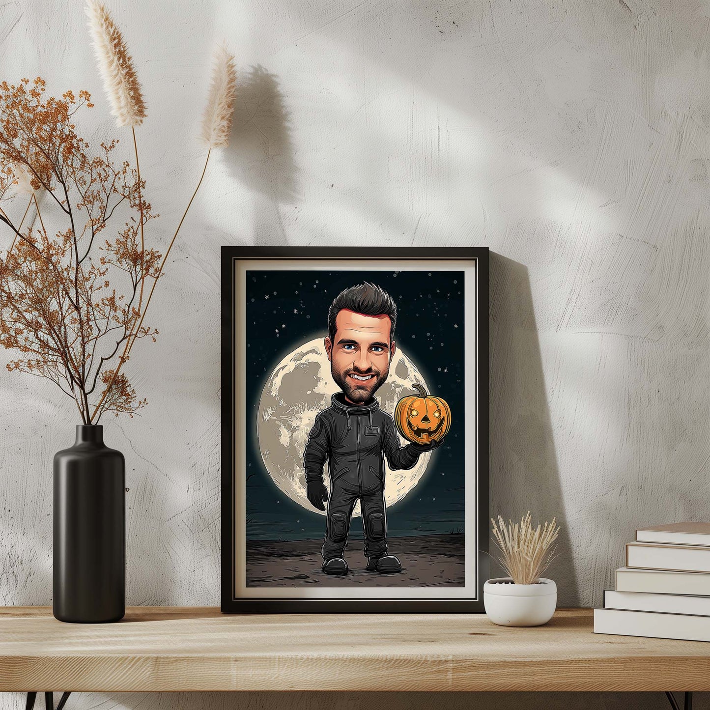 Hand-drawn astronaut cartoon portrait holding pumpkin before moon, personalized character illustration wall art gift