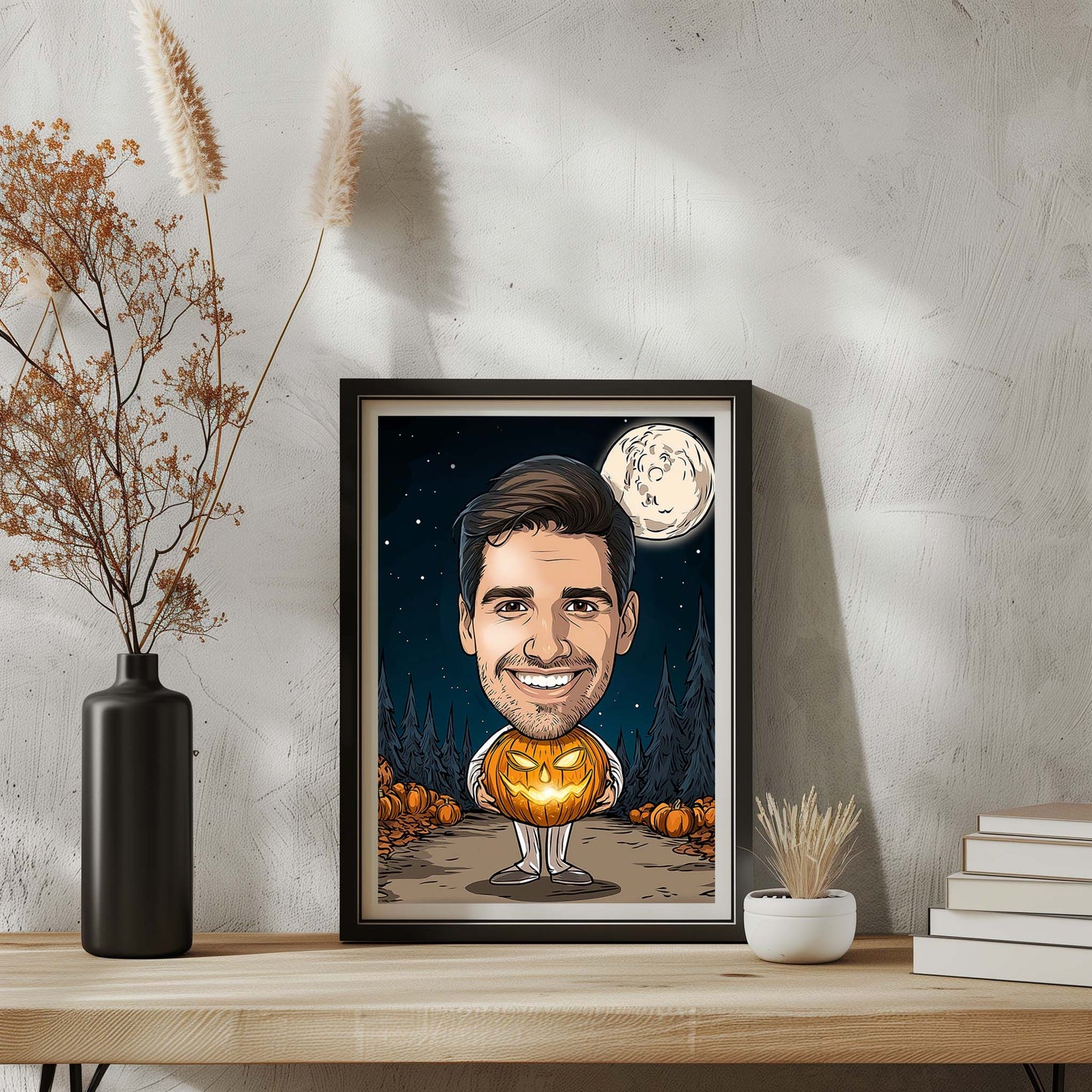 Custom Halloween cartoon portrait of smiling man with glowing pumpkin and full moon background