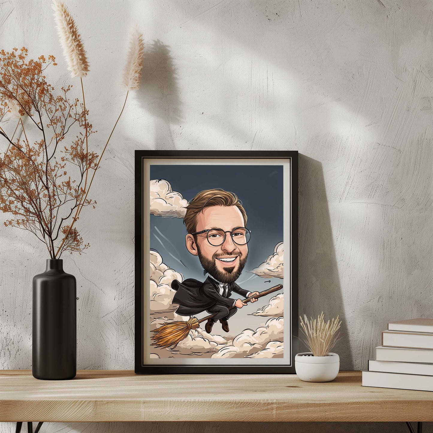 Hand-drawn wizard caricature of a smiling man flying on a broomstick, custom portrait gift