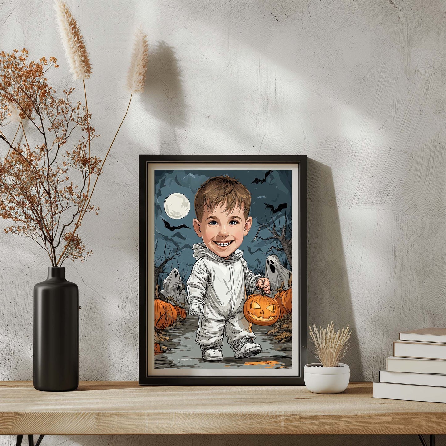 Custom Halloween cartoon portrait of smiling boy holding pumpkin with spooky ghost background