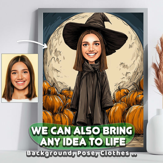 Personalized witch wall art portrait with pumpkins and full moon, perfect Halloween decor gift