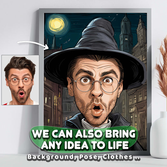 Custom portrait art of surprised man in cartoon style, perfect humorous wall gift for him