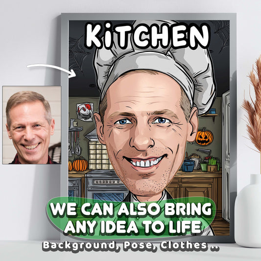Personalized chef caricature poster, funny kitchen wall art gift for cooking lovers