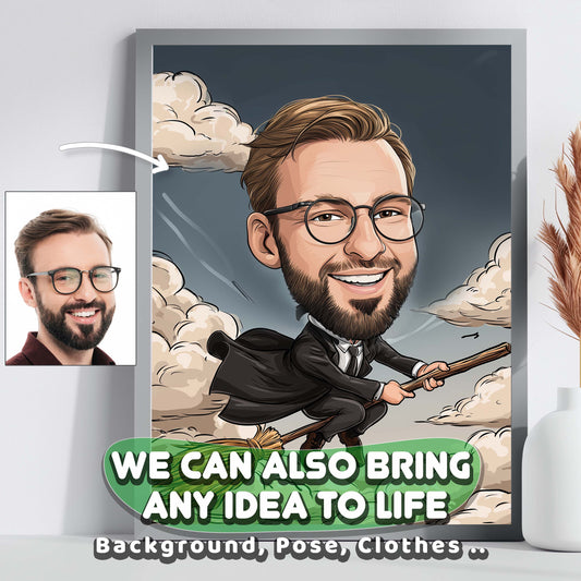 Hand-drawn wizard caricature of a smiling man flying on a broomstick, custom portrait gift