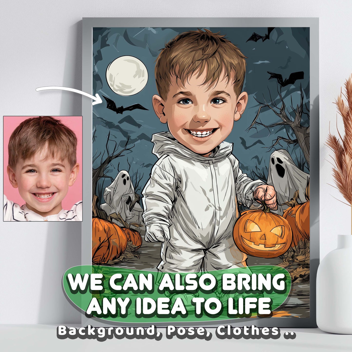 Custom Halloween cartoon portrait of smiling boy holding pumpkin with spooky ghost background