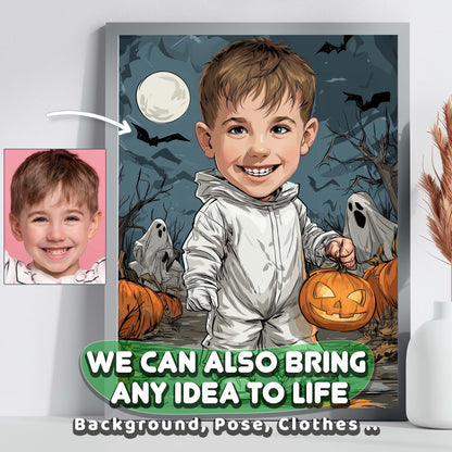 Custom Halloween cartoon portrait of smiling boy holding pumpkin with spooky ghost background