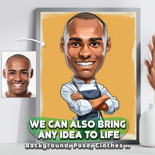 Hand-drawn custom chef caricature portrait from photo, perfect personalized kitchen gift