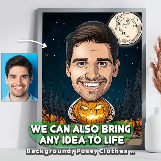 Custom Halloween cartoon portrait of smiling man with glowing pumpkin and full moon background