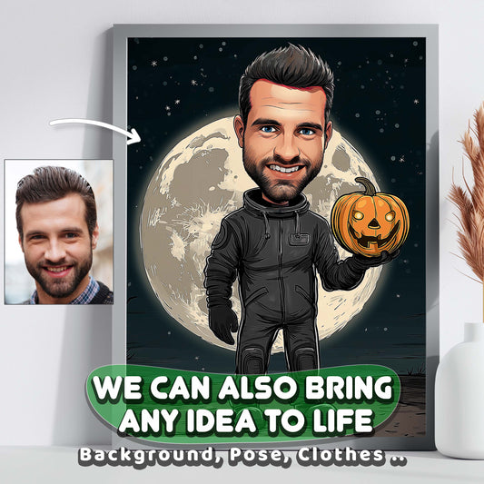 Hand-drawn astronaut cartoon portrait holding pumpkin before moon, personalized character illustration wall art gift