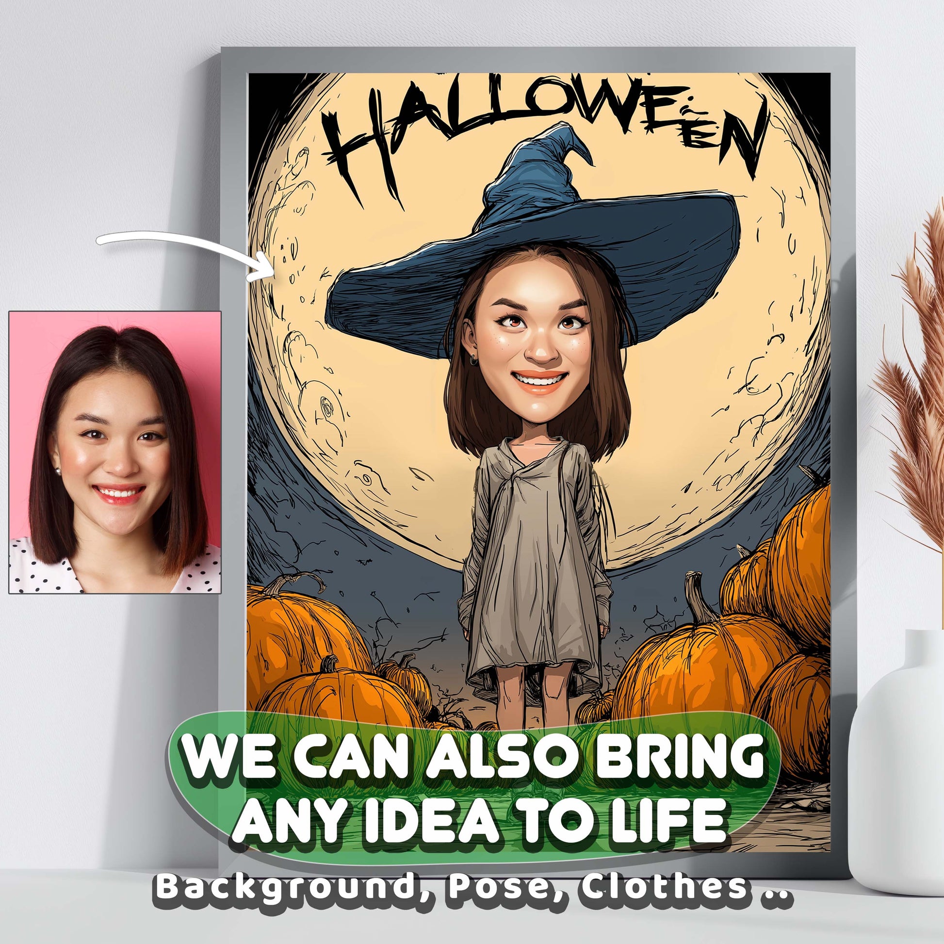 Custom Halloween caricature portrait of a girl in witch hat with pumpkins and full moon backdrop