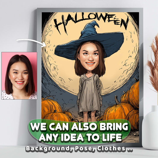 Custom Halloween caricature portrait of a girl in witch hat with pumpkins and full moon backdrop