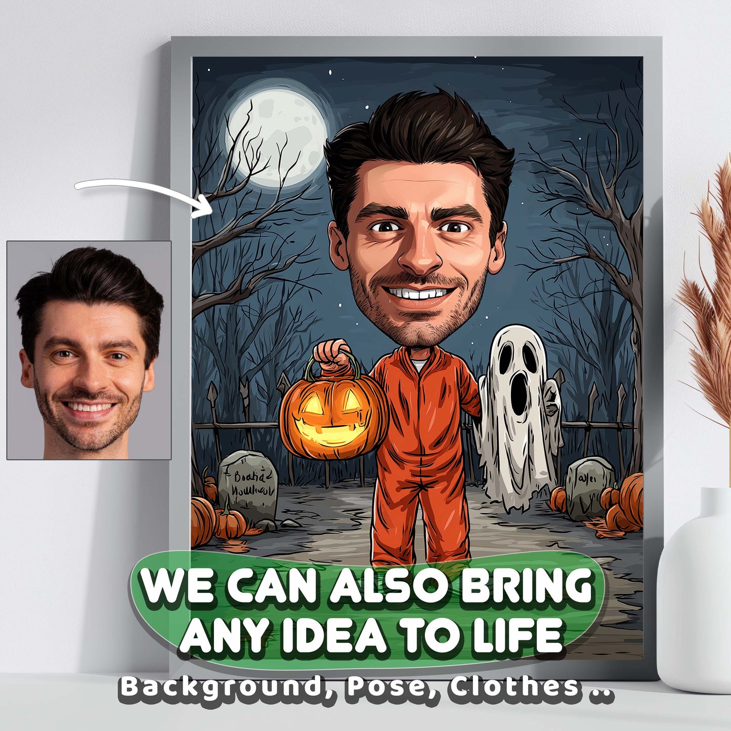 Personalized cartoon portrait of man holding pumpkin lantern in spooky graveyard, Halloween wall art gift