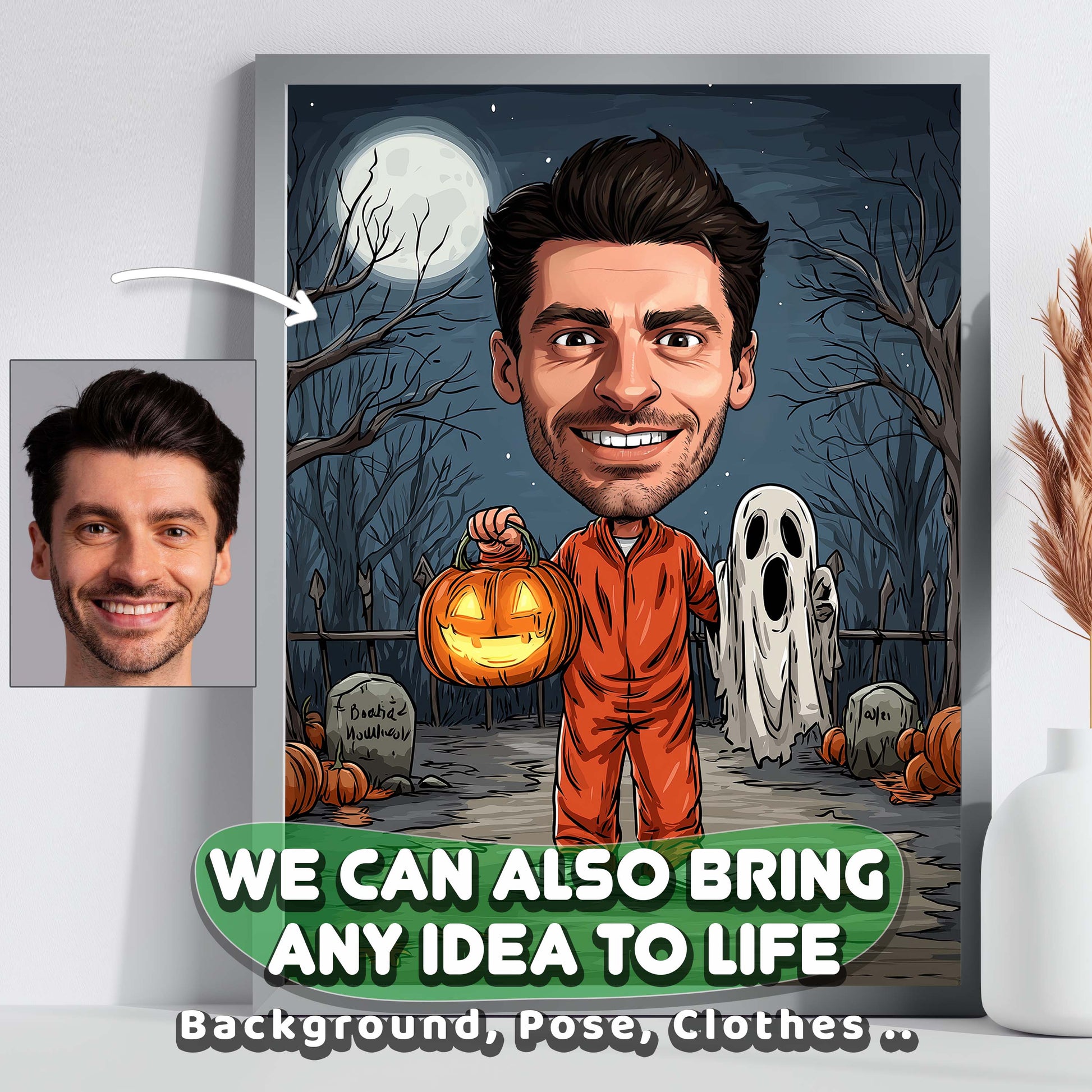Personalized cartoon portrait of man holding pumpkin lantern in spooky graveyard, Halloween wall art gift