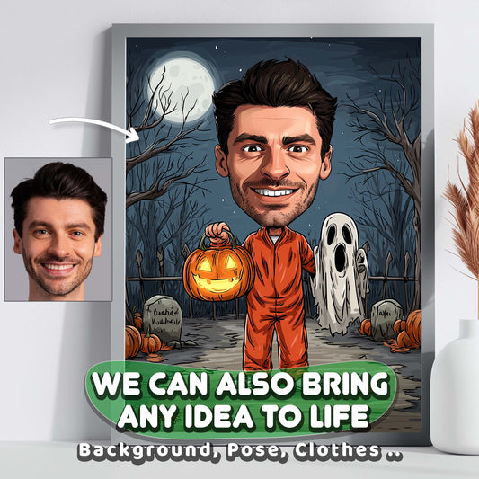Personalized cartoon portrait of man holding pumpkin lantern in spooky graveyard, Halloween wall art gift