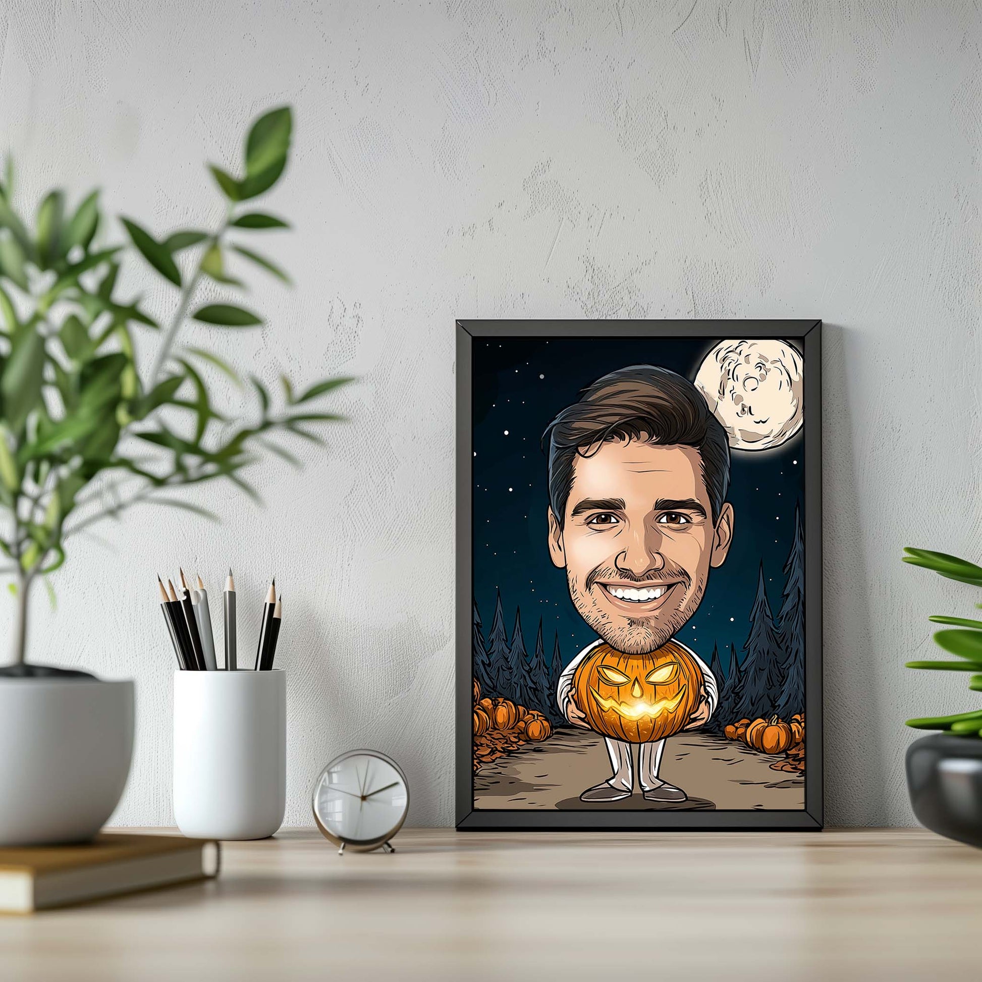 Custom Halloween cartoon portrait of smiling man with glowing pumpkin and full moon background