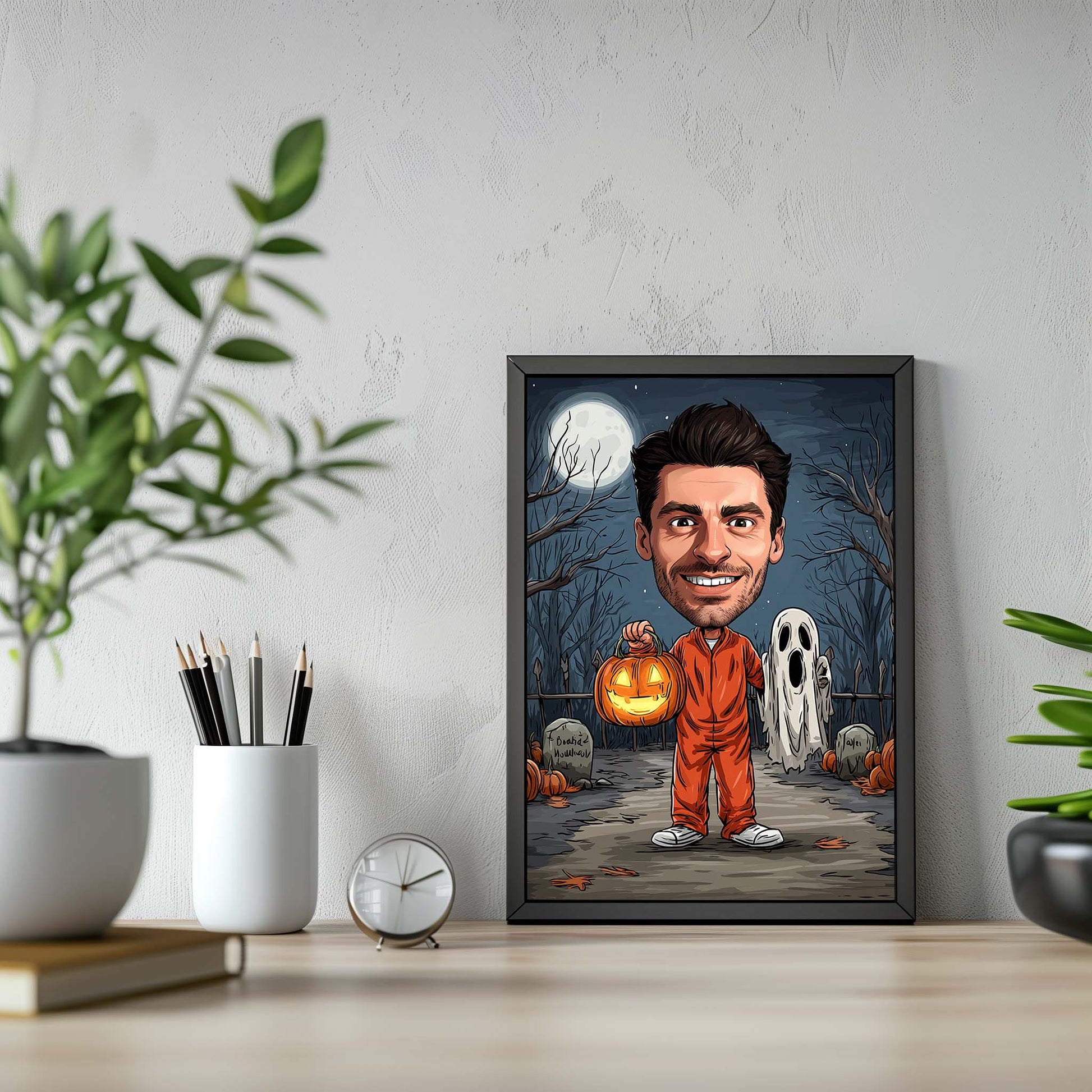 Personalized cartoon portrait of man holding pumpkin lantern in spooky graveyard, Halloween wall art gift